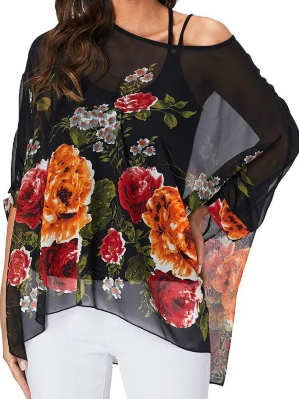 Sheer Black Floral Kimono Tunic with Red & Orange Blooms